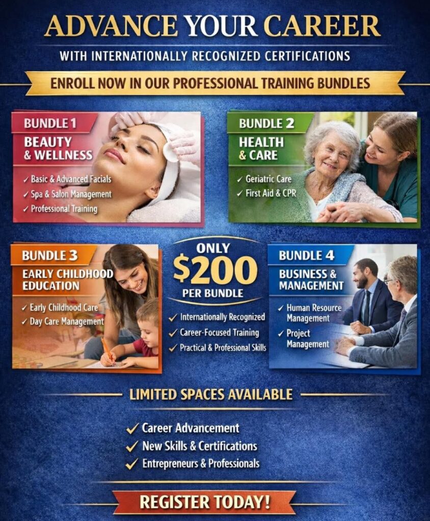 AI generated ad, made for an education based business. The ad title reads 'Advance your Career' and shows its certification offerings in: Beauty and Wellness, Health and Care, Early Childhood Education and Business and Management. The ad itself is illegible in some points, features a very grainy dark blue background and ai generated people as the cover photos for each category.